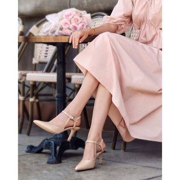 Coutgo Women's Nude Pointed Toe Ankle Strap Patent Leather Stiletto High Heels - Picture 2 of 5